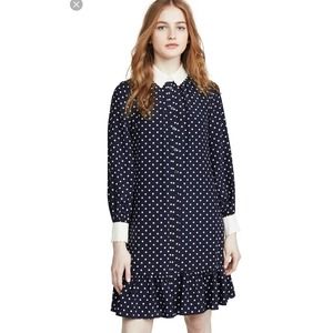 Tory Burch Dress Cora Polka Dot Shirt Dress Silk Long Sleeve 14 Large Blue White